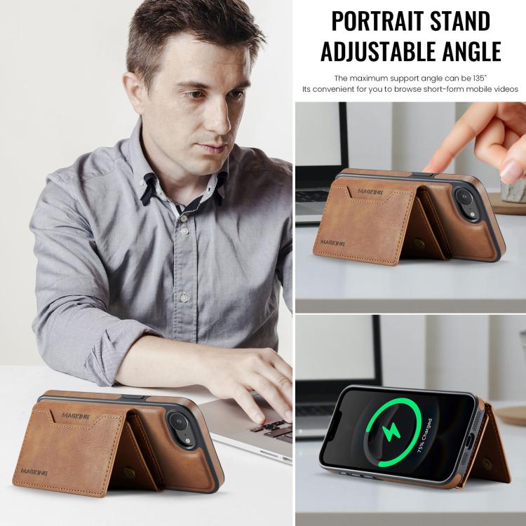 For iPhone 16e DG.MING MAGKING-K2 Series MagSafe RFID Card Bag Detachable Phone Case(Brown)