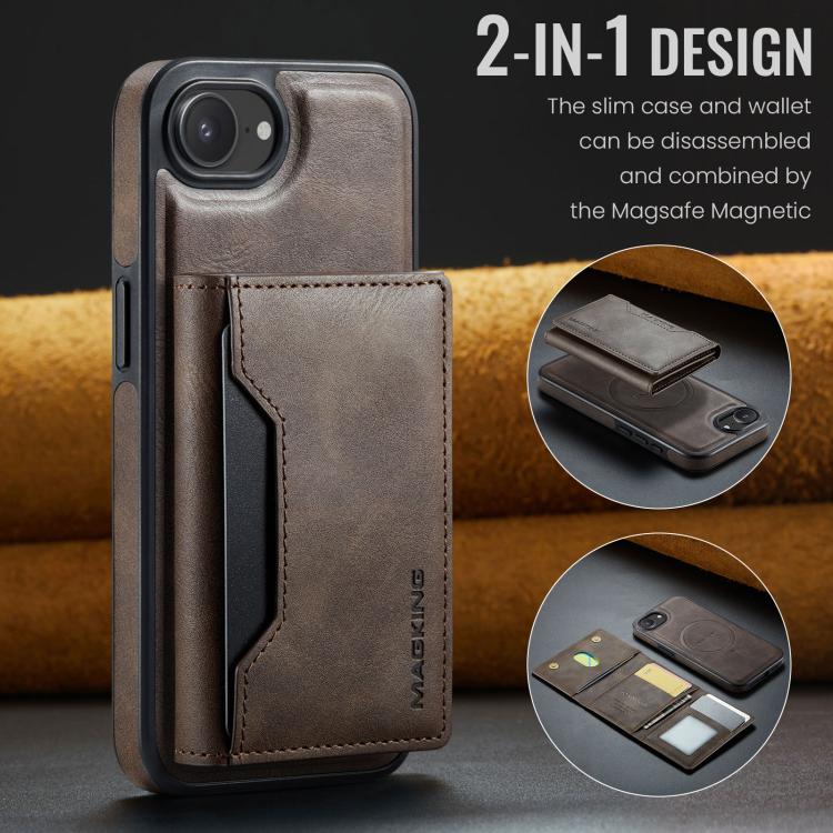For iPhone 16e DG.MING MAGKING-K2 Series MagSafe RFID Card Bag Detachable Phone Case(Coffee)