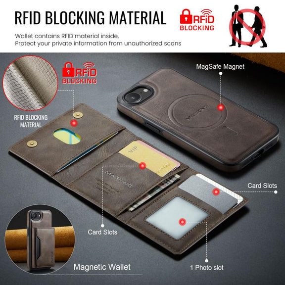 For iPhone 16e DG.MING MAGKING-K2 Series MagSafe RFID Card Bag Detachable Phone Case(Coffee)