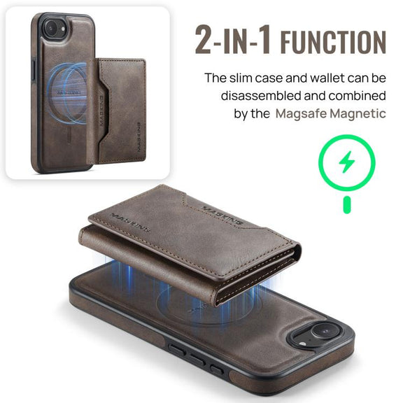 For iPhone 16e DG.MING MAGKING-K2 Series MagSafe RFID Card Bag Detachable Phone Case(Coffee)
