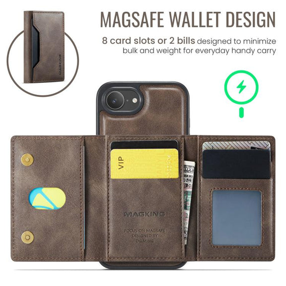 For iPhone 16e DG.MING MAGKING-K2 Series MagSafe RFID Card Bag Detachable Phone Case(Coffee)
