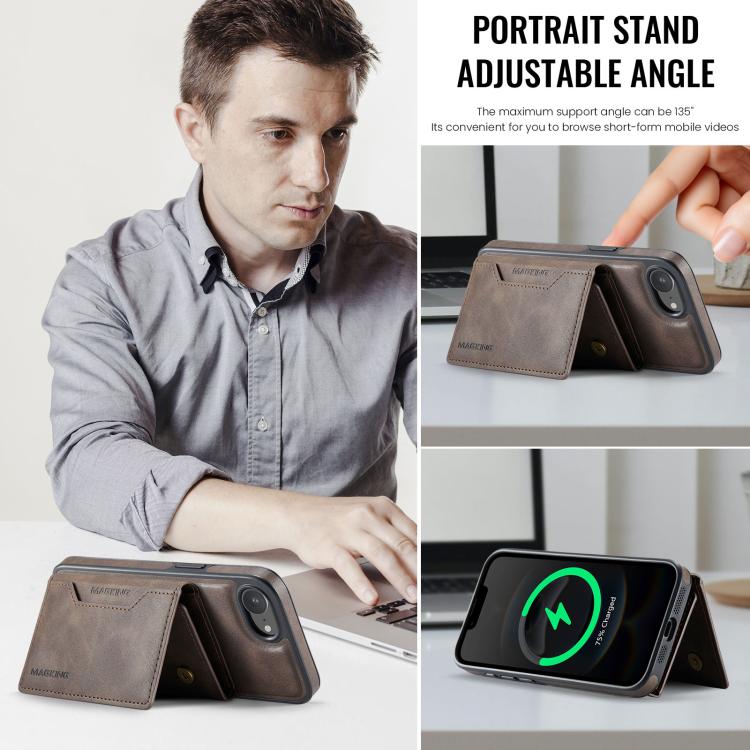 For iPhone 16e DG.MING MAGKING-K2 Series MagSafe RFID Card Bag Detachable Phone Case(Coffee)