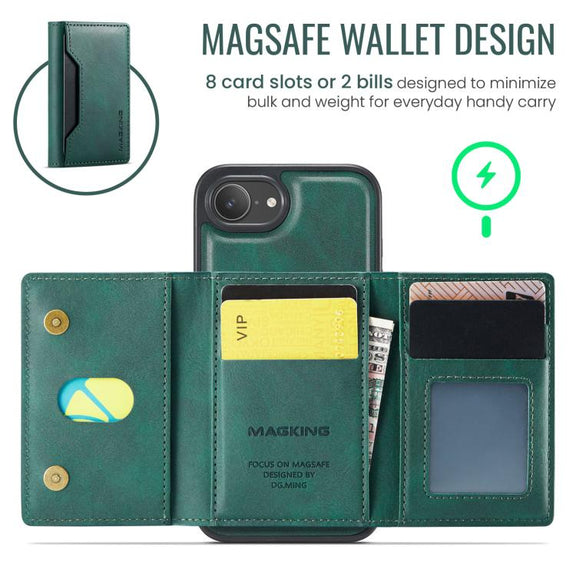 For iPhone 16e DG.MING MAGKING-K2 Series MagSafe RFID Card Bag Detachable Phone Case(Green)