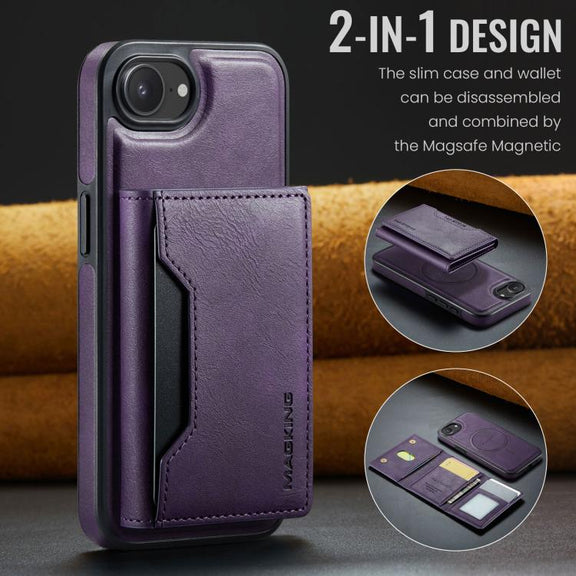For iPhone 16e DG.MING MAGKING-K2 Series MagSafe RFID Card Bag Detachable Phone Case(Purple)