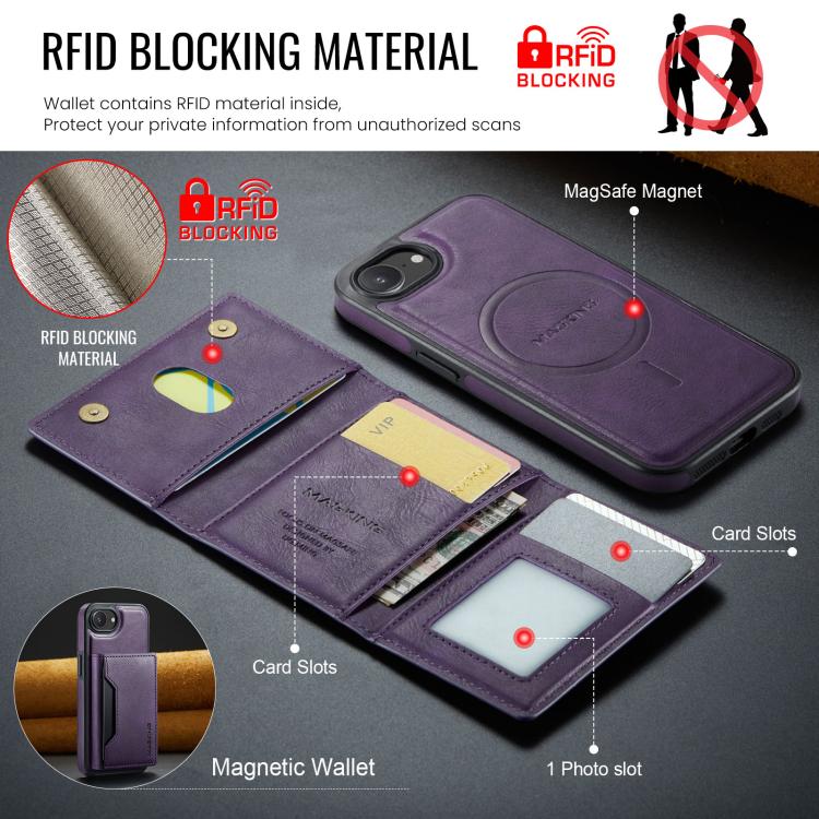 For iPhone 16e DG.MING MAGKING-K2 Series MagSafe RFID Card Bag Detachable Phone Case(Purple)