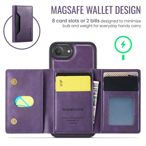 For iPhone 16e DG.MING MAGKING-K2 Series MagSafe RFID Card Bag Detachable Phone Case(Purple)