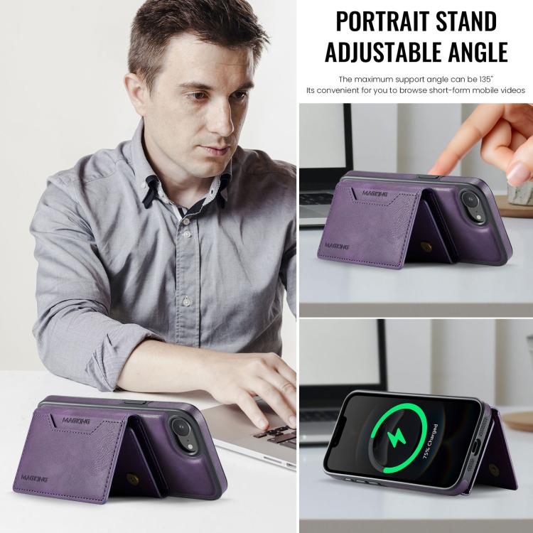 For iPhone 16e DG.MING MAGKING-K2 Series MagSafe RFID Card Bag Detachable Phone Case(Purple)