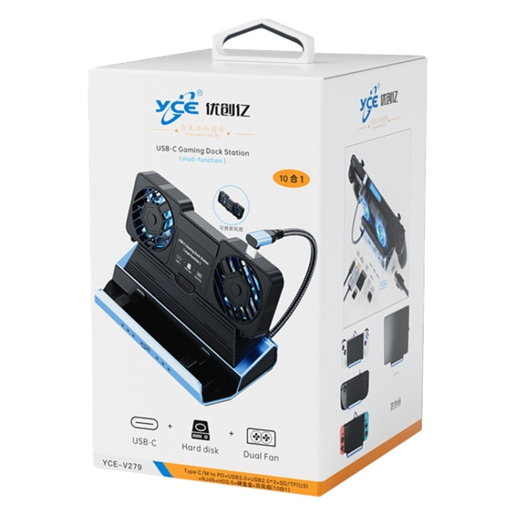YCE-V279 10 in 1 USB-C Gaming Dock Station Hard Disk Enclosure with Detachable Fan(Blue Black)