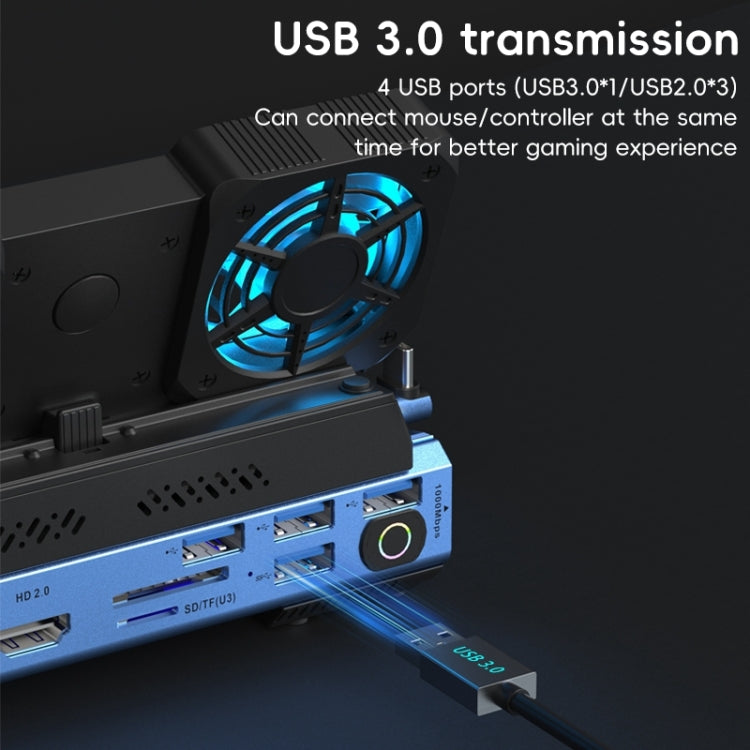 YCE-V279 10 in 1 USB-C Gaming Dock Station Hard Disk Enclosure with Detachable Fan(Blue Black)