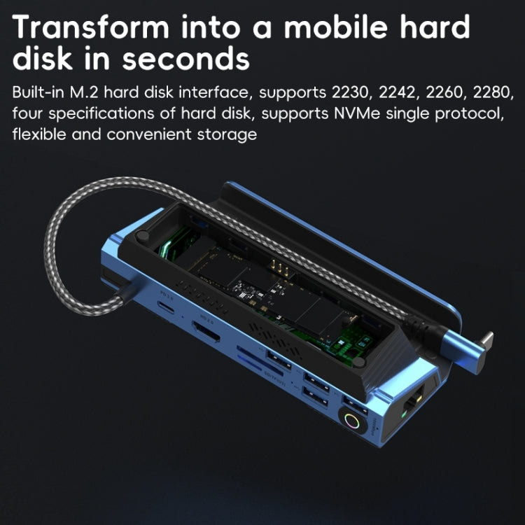 YCE-V279 10 in 1 USB-C Gaming Dock Station Hard Disk Enclosure with Detachable Fan(Blue Black)