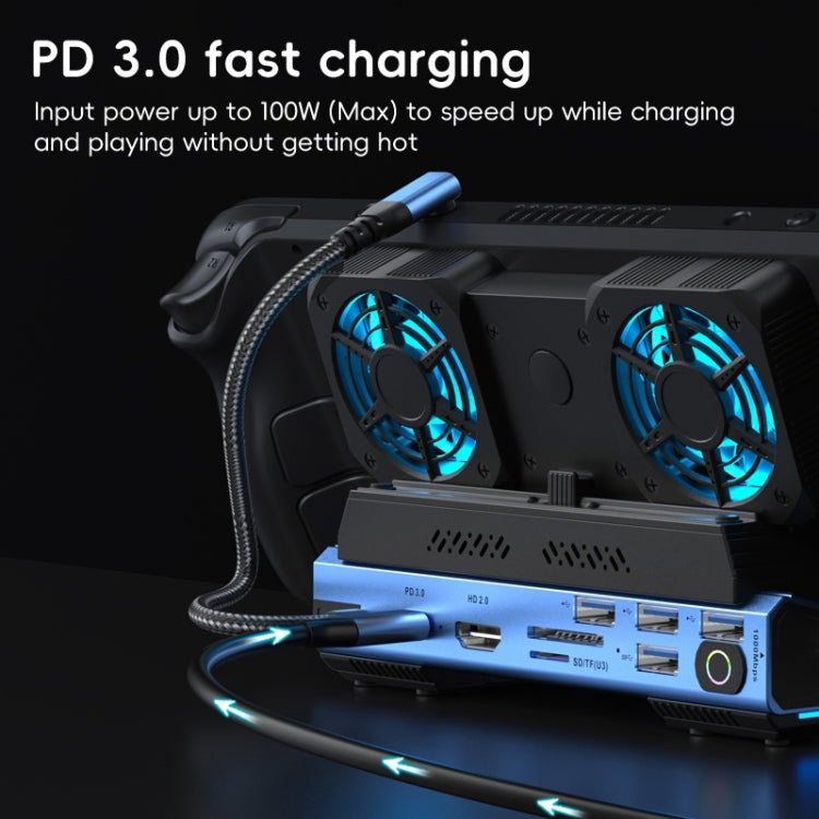 YCE-V279A 9 in 1 USB-C Gaming Dock Station with Detachable Fan(Blue Black)
