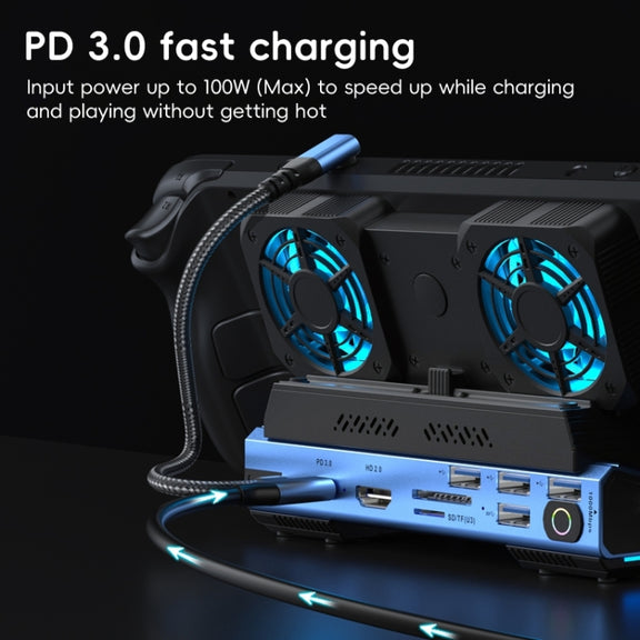 YCE-V279A 9 in 1 USB-C Gaming Dock Station with Detachable Fan(Blue Black)