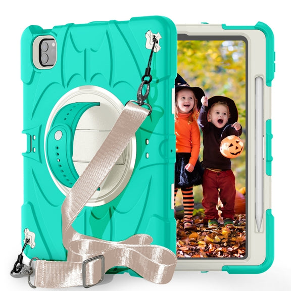 For iPad Pro 11 2022 / Air 10.9 2022 Bat Hand Grip Turntable Stand Tablet Case(Mint Green White)