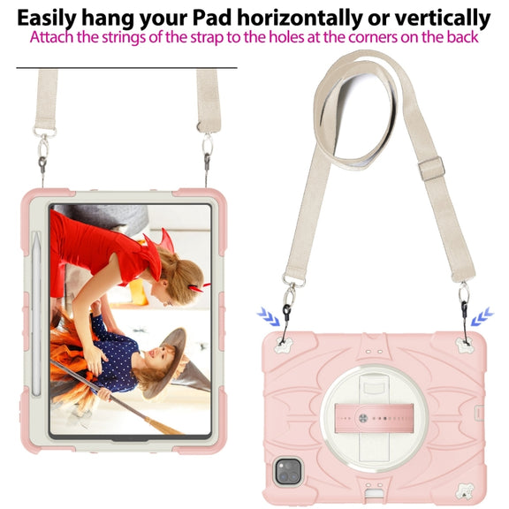 For iPad Pro 11 2022 / Air 10.9 2022 Bat Hand Grip Turntable Stand Tablet Case(Pink White)