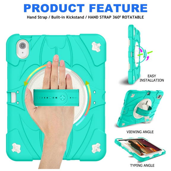 For iPad Air 11 2024 / 10.9 2022 Bat Hand Grip Turntable Stand Tablet Case(Mint Green White)