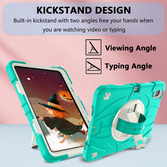 For iPad Air 11 2024 / 10.9 2022 Bat Hand Grip Turntable Stand Tablet Case(Mint Green White)