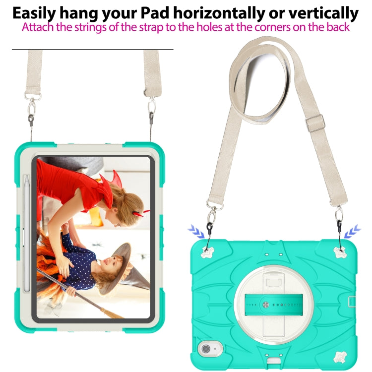 For iPad Air 11 2024 / 10.9 2022 Bat Hand Grip Turntable Stand Tablet Case(Mint Green White)