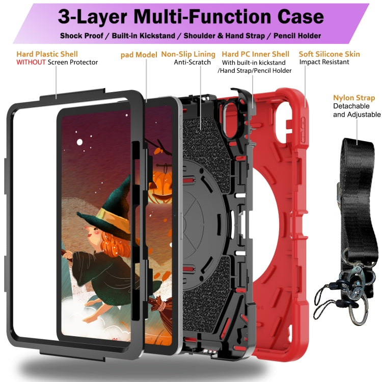 For iPad Air 11 2024 / 10.9 2022 Bat Hand Grip Turntable Stand Tablet Case(Red Black)