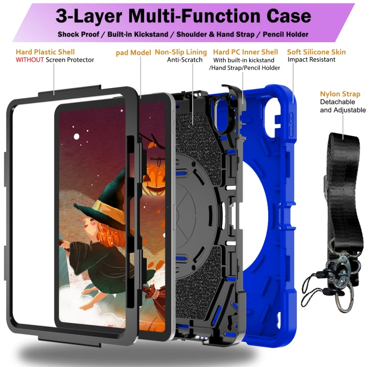 For iPad Air 11 2024 / 10.9 2022 Bat Hand Grip Turntable Stand Tablet Case(Blue Black)