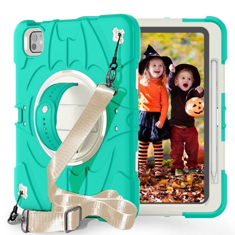For iPad Pro 11 2024 Bat Hand Grip Turntable Stand Tablet Case(Mint Green White)