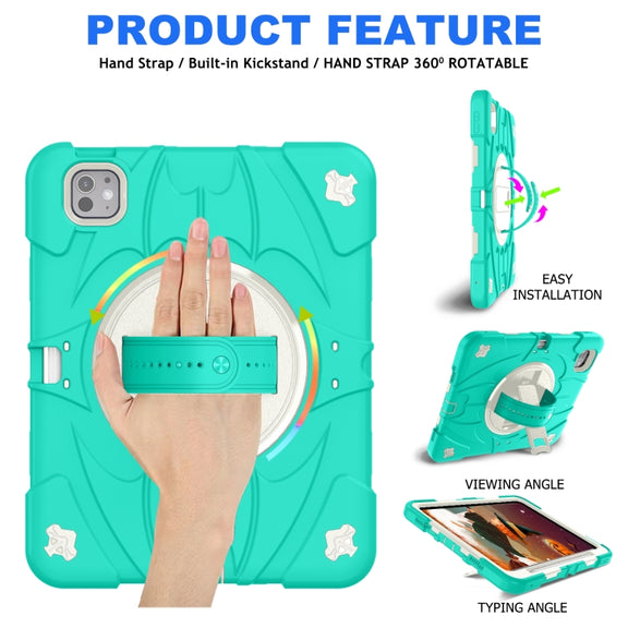 For iPad Pro 11 2024 Bat Hand Grip Turntable Stand Tablet Case(Mint Green White)