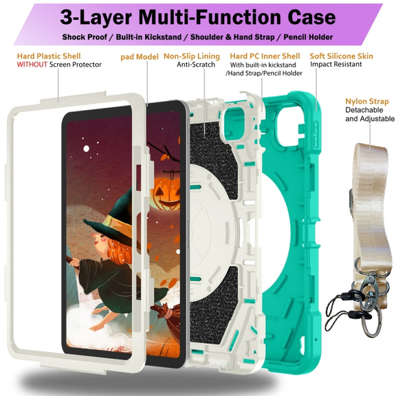 For iPad Pro 11 2024 Bat Hand Grip Turntable Stand Tablet Case(Mint Green White)