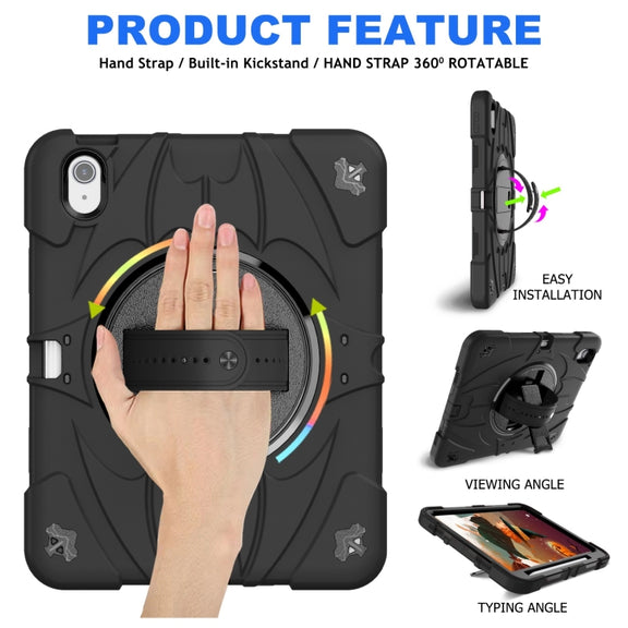 For iPad 10th Gen 10.9 2022 Bat Hand Grip Turntable Stand Tablet Case(Black)