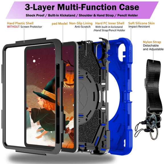 For iPad 10th Gen 10.9 2022 Bat Hand Grip Turntable Stand Tablet Case(Blue Black)