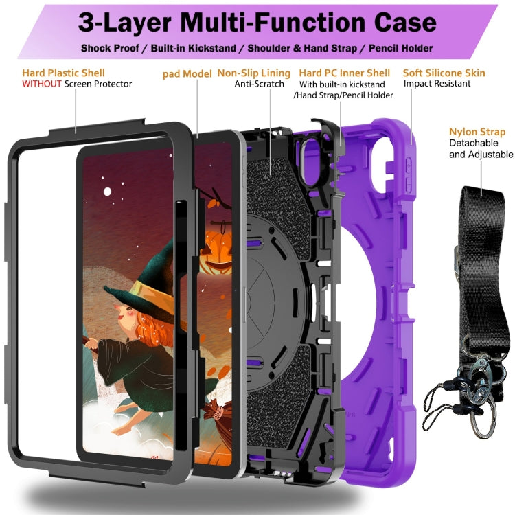 For iPad 10th Gen 10.9 2022 Bat Hand Grip Turntable Stand Tablet Case(Purple Black)