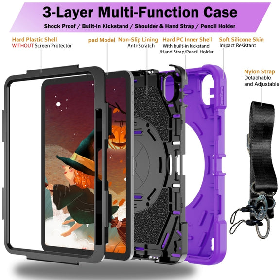 For iPad 10th Gen 10.9 2022 Bat Hand Grip Turntable Stand Tablet Case(Purple Black)
