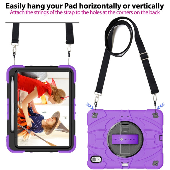 For iPad 10th Gen 10.9 2022 Bat Hand Grip Turntable Stand Tablet Case(Purple Black)