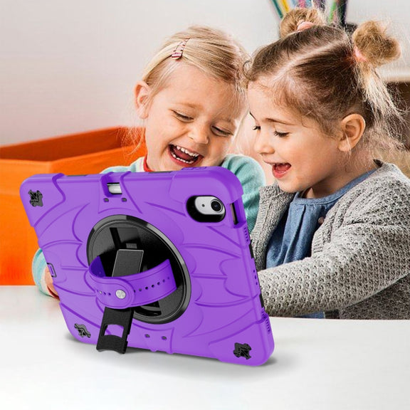 For iPad 10th Gen 10.9 2022 Bat Hand Grip Turntable Stand Tablet Case(Purple Black)