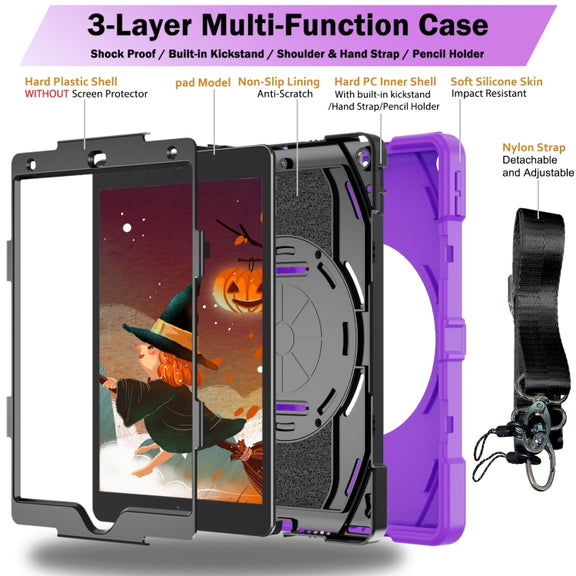 For iPad 10.2 2021 / 2020 / 2019 Bat Hand Grip Turntable Stand Tablet Case(Purple Black)