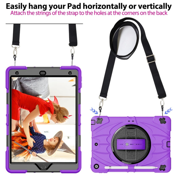 For iPad 10.2 2021 / 2020 / 2019 Bat Hand Grip Turntable Stand Tablet Case(Purple Black)