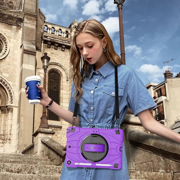 For iPad 10.2 2021 / 2020 / 2019 Bat Hand Grip Turntable Stand Tablet Case(Purple Black)