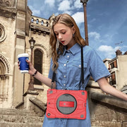 For iPad 9.7 2018 / 2017 / Air 2 Bat Hand Grip Turntable Stand Tablet Case(Red Black)