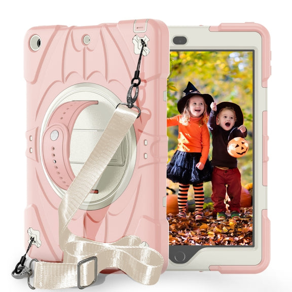 For iPad 9.7 2018 / 2017 / Air 2 Bat Hand Grip Turntable Stand Tablet Case(Pink White)