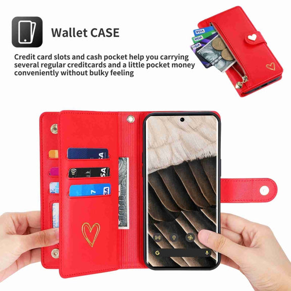 For Google Pixel 7 Pro POLA Love Multi-Card Slots Zipper Wallet Leather Phone Case(Red)