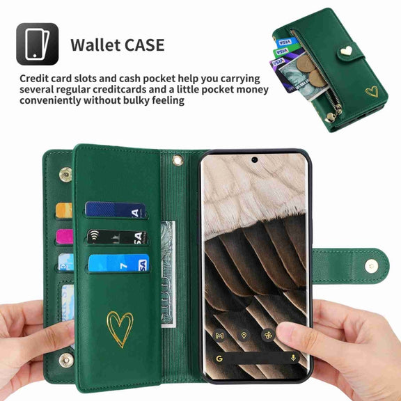 For Google Pixel 7 Pro POLA Love Multi-Card Slots Zipper Wallet Leather Phone Case(Dark Green)
