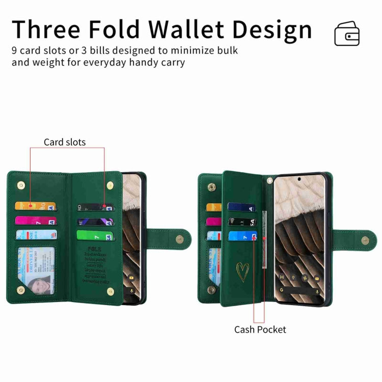 For Google Pixel 7 Pro POLA Love Multi-Card Slots Zipper Wallet Leather Phone Case(Dark Green)