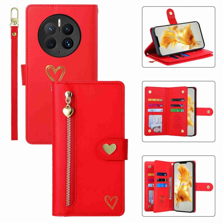For Huawei Mate 50 Pro POLA Love Multi-Card Slots Zipper Wallet Leather Phone Case(Red)