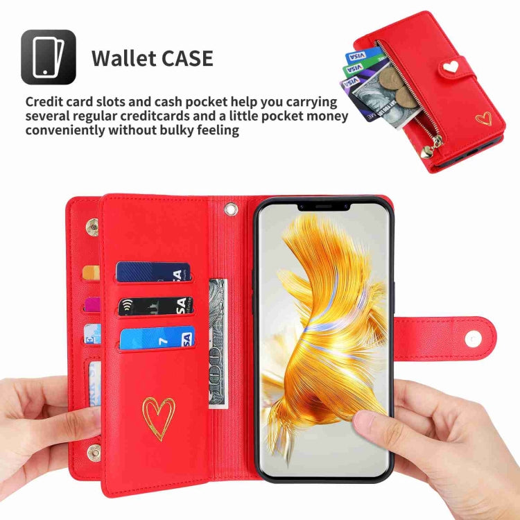 For Huawei Mate 50 Pro POLA Love Multi-Card Slots Zipper Wallet Leather Phone Case(Red)