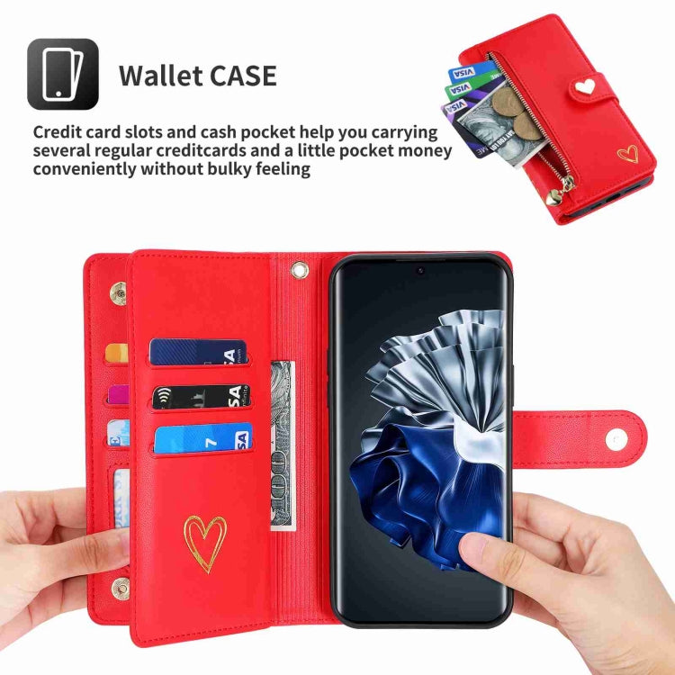 For Huawei P60 Pro POLA Love Multi-Card Slots Zipper Wallet Leather Phone Case(Red)