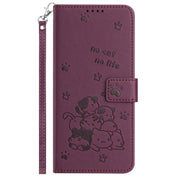 For iPhone 16e Embossed Kitten Phone Leather Case with Lanyard(Wine Red)