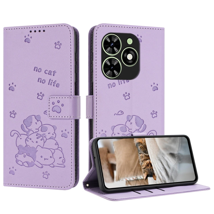 For Tecno Spark Go 2024 4G Embossed Kitten Phone Leather Case with Lanyard(Purple)