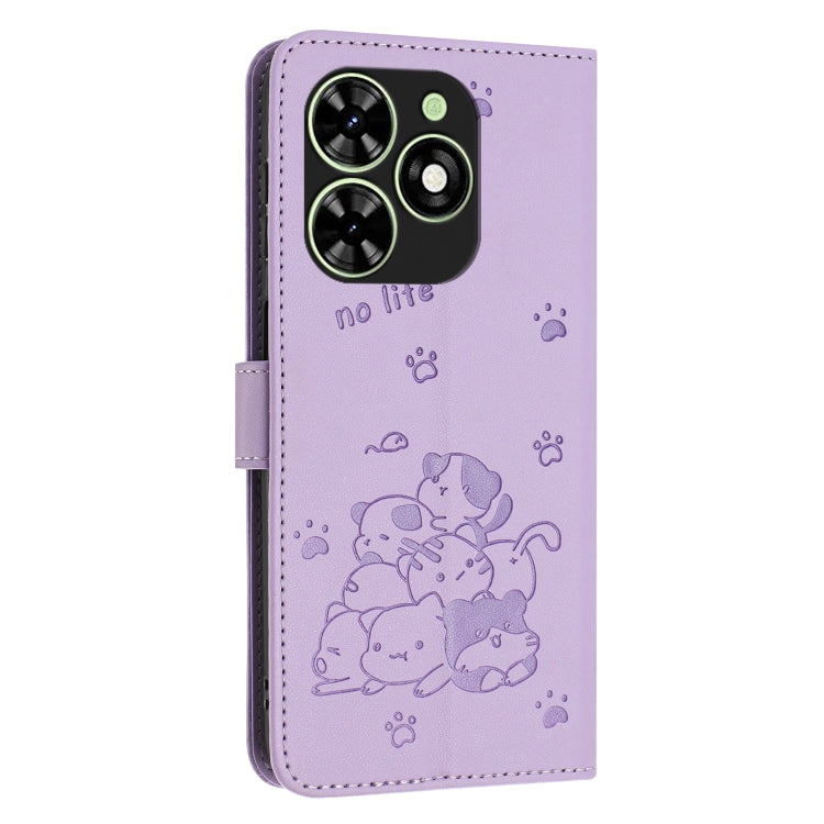 For Tecno Spark Go 2024 4G Embossed Kitten Phone Leather Case with Lanyard(Purple)