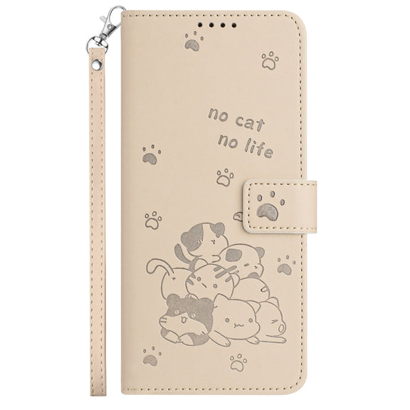 For Tecno Spark Go 2024 4G Embossed Kitten Phone Leather Case with Lanyard(Beige)