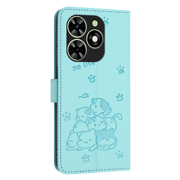 For Tecno Spark Go 2024 4G Embossed Kitten Phone Leather Case with Lanyard(Mint Green)