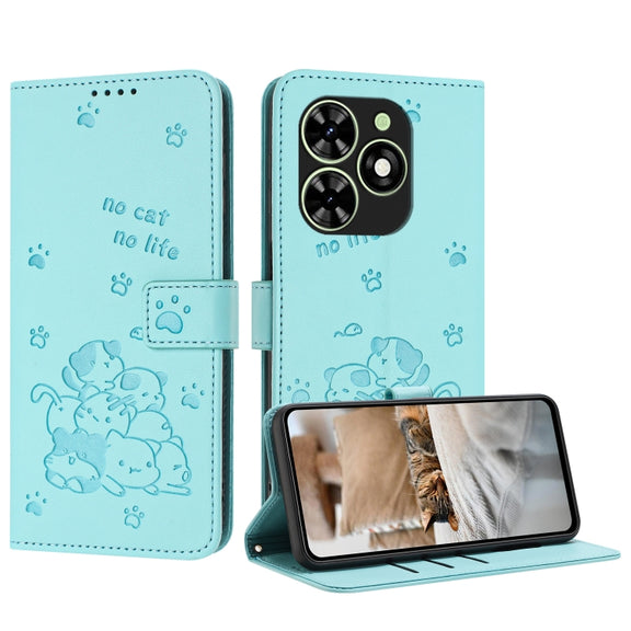 For Tecno Spark Go 2024 4G Embossed Kitten Phone Leather Case with Lanyard(Mint Green)