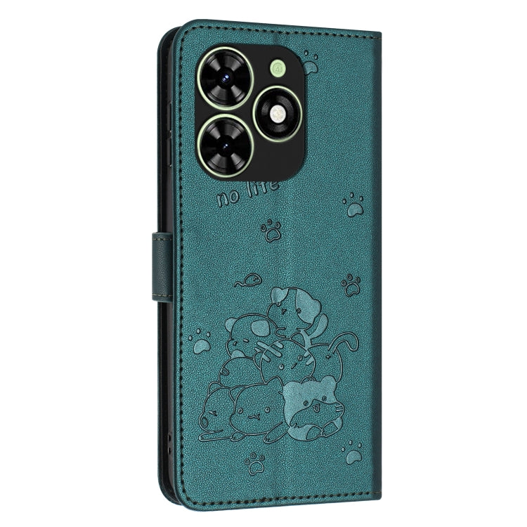 For Tecno Spark Go 2024 4G Embossed Kitten Phone Leather Case with Lanyard(Dark Green)